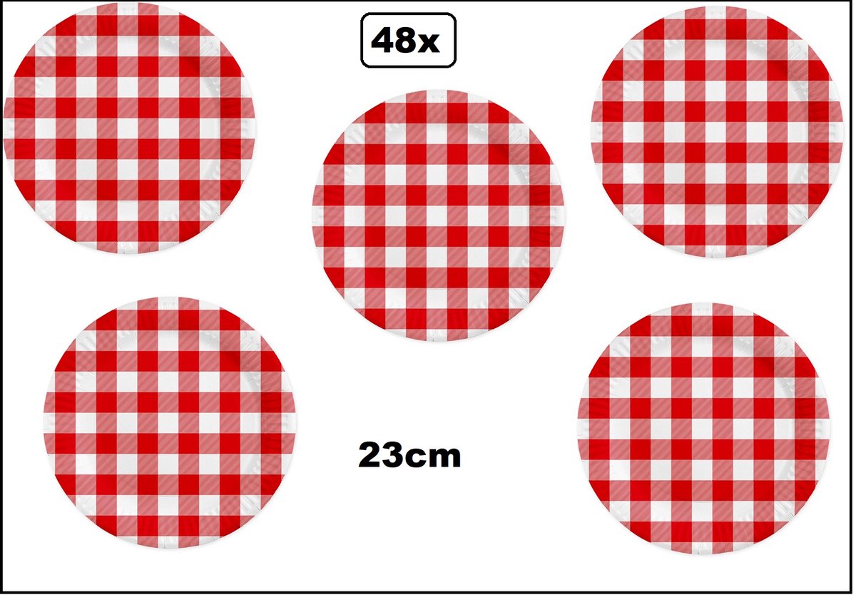 48x Bord 23cm Boerenbont karton - Diner eten restaurant Oktoberfest geruit rood/wit BBQ thema feest verjaardag feest