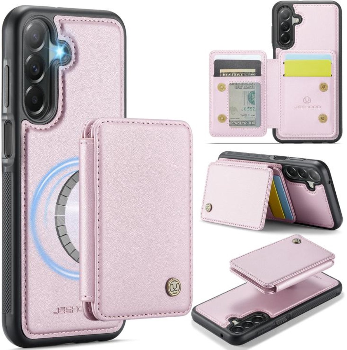 Telefoonhoesje geschikt voor de Samsung Galaxy A27 5G - Silicone TPU en kunst leer - roze back cover hoesje case met pasjeshouder - 4 pasjes afneembaar - MagSafe functie