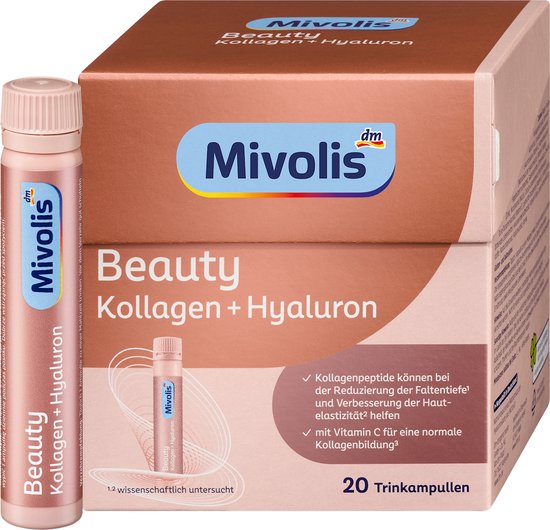 Mivolis Beauty Collageen + Hyaluron drinkampullen in roze verpakking met tekst.