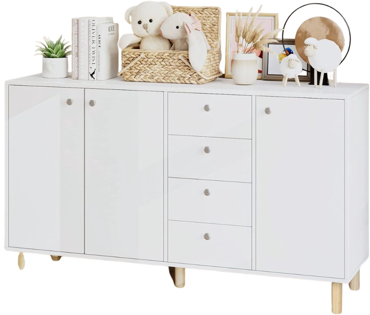 Kast – Voor Keuken of Woonkamer – Opbergkast met 3 Deuren en 4 Lades – Wit, 140x40x80 cm