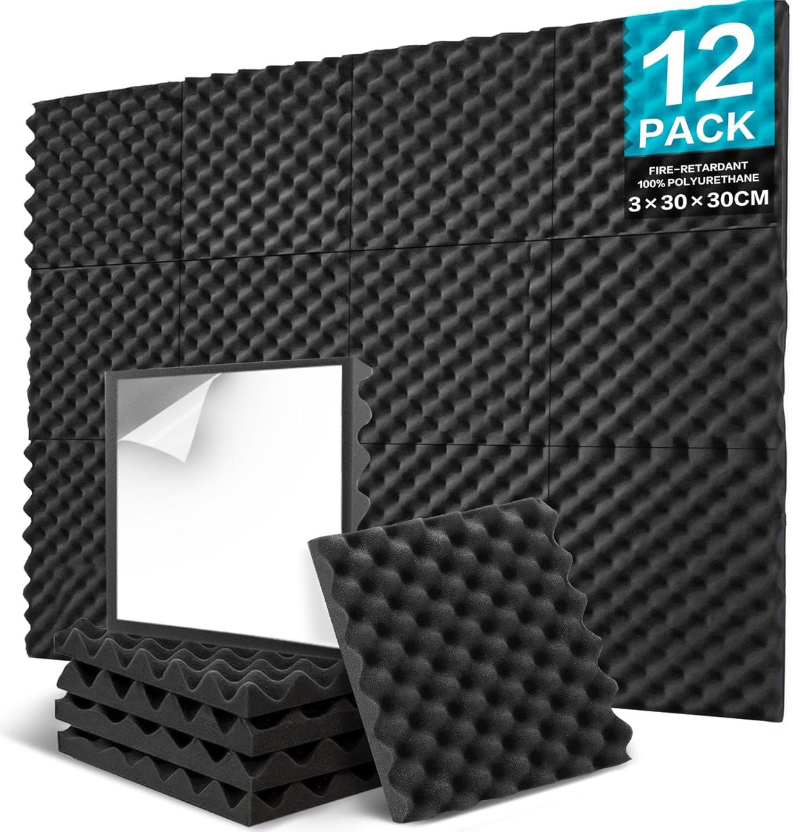 SnelShoppen - 12 stuks geluidwerende panelen zelfklevend, akoestische panelen 30 x 30 x 3 cm, hoogwaardige schuimwandpanelen voor opnamestudio, thuisk