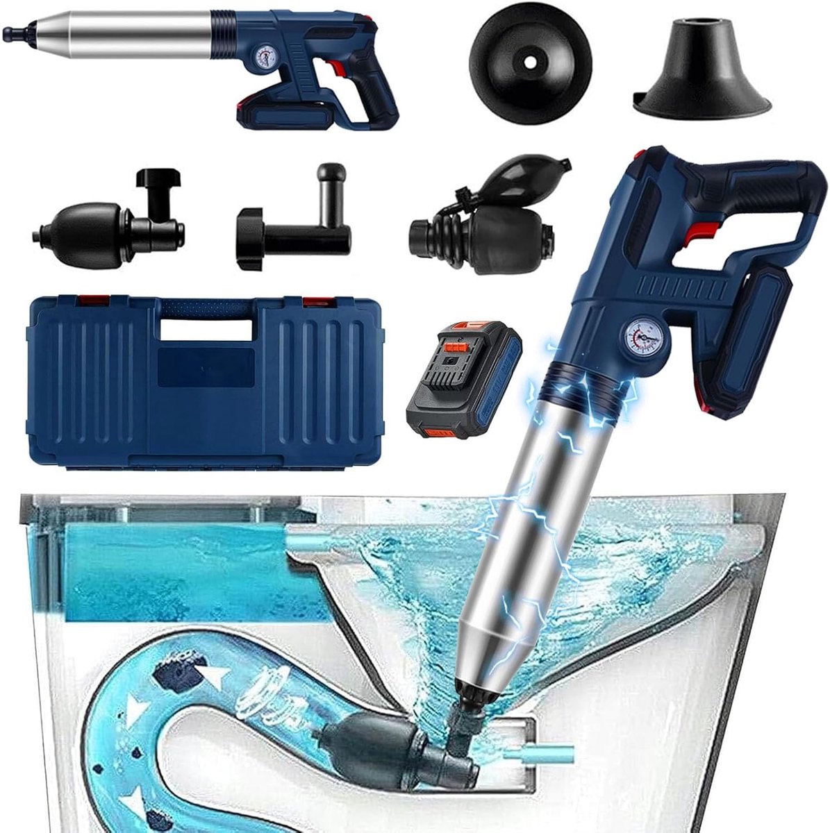 SnelShoppen - Elektrische WC-Ontstopper Professionele Afvoerontstopper met Luchtdrukweergave en 4 Rubberen Adapters voor Badkamer Keuken Toilet