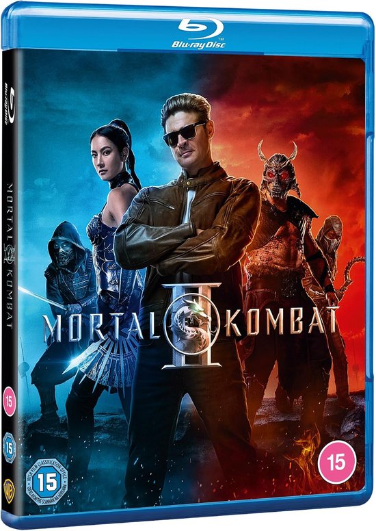 De voorkant van de Blu-ray hoes van Mortal Kombat II, met Scorpion centraal, Jax, Sonya, Mileena en Liu Kang.