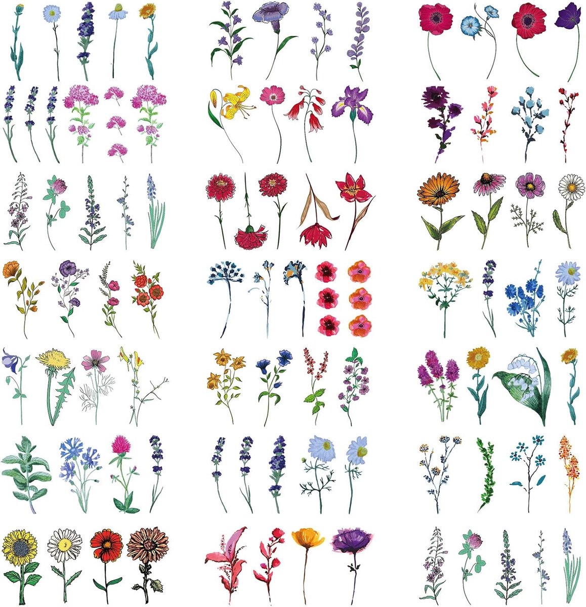 20 Vellen Kleurrijke Kleine Bloem Tijdelijke Tatoeages, Lavendel Lelie Zonnebloem Bloem Nep Tattoo voor Vrouwen Meisje Kinderen Volwassene Hals Gezicht Voeten Tatoeage Sticker Set (Colorful)