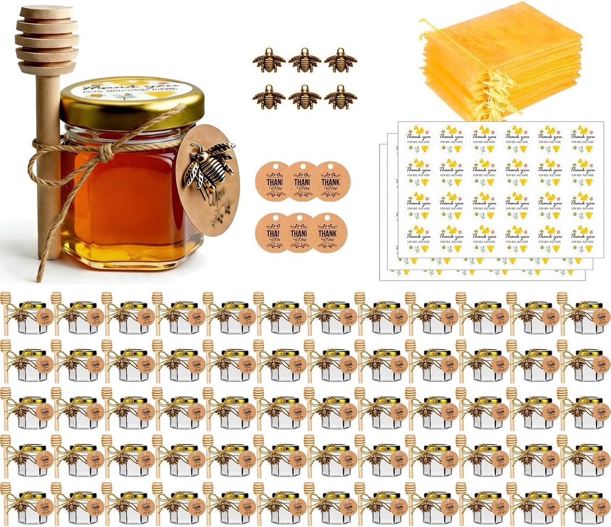 60 Pack 42,5 ml glazen honingpotten met dipper - gouden deksels, bijenhangers, juten, bedankkaarten, geschenkzakjes en stickers - Perfect voor babyshower gunsten en huwelijksgunsten