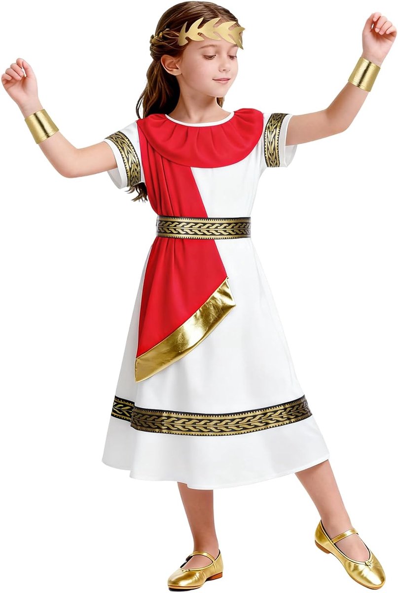 Romeins Grieks kostuum jongens meisjes wit rood Griekse godin lange gewaad Romeinse toga verkleedkostuum Romeinse keizer verkleedoutfit met riem hoofdband polsband voor Halloween
