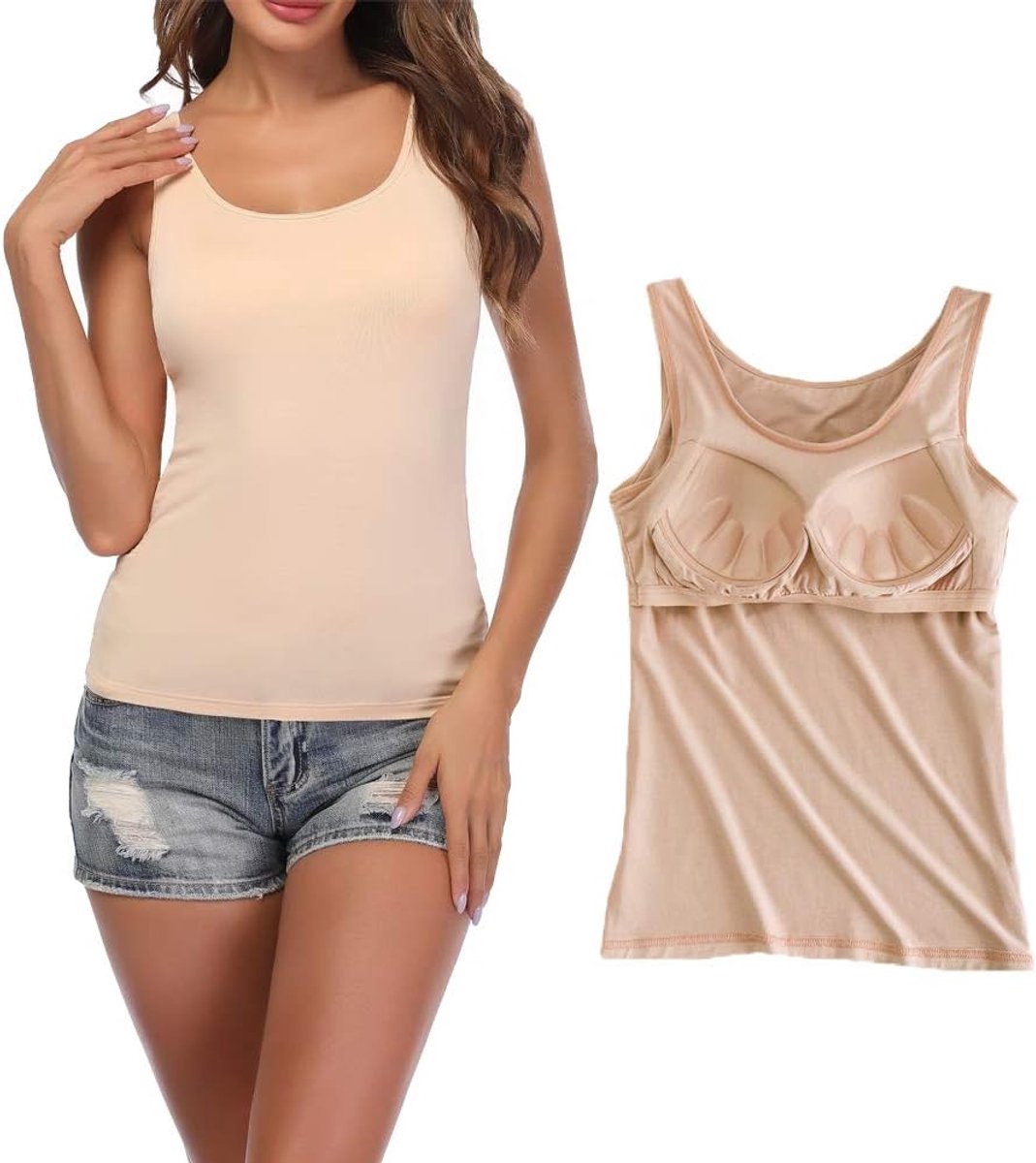 Basic onderhemd voor dames, U-hals, ingebouwde beha, gewatteerde tanktop, XS-2XL