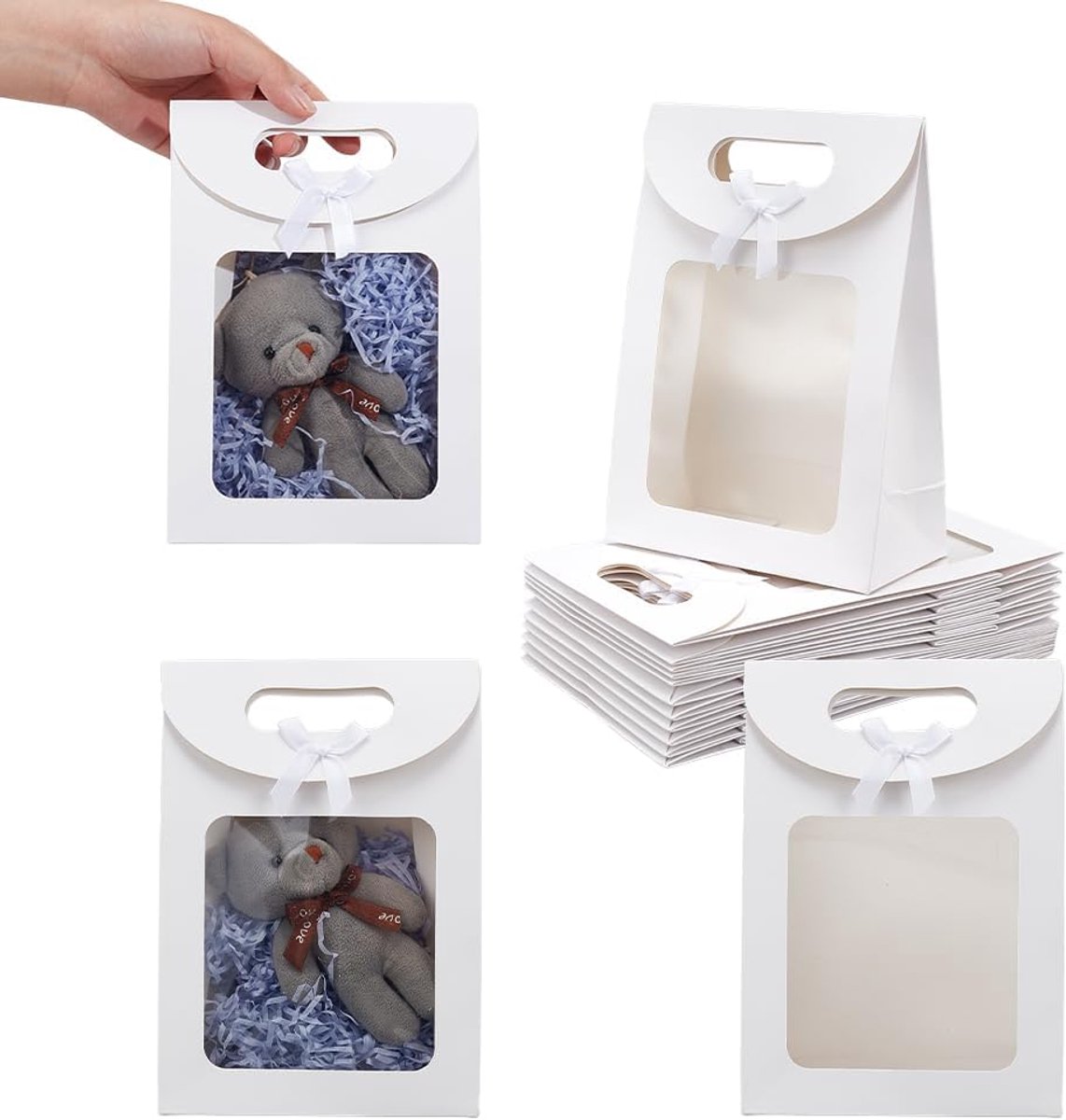 12 stuks kraftpapieren zakken met venster, 14 x 7,1 x 19,5 cm opstaande geschenkzak met handgrepen geschenkzakje met doorzichtig venster voor snoep koekjes verpakking bruiloft kerstfeestwinkel
