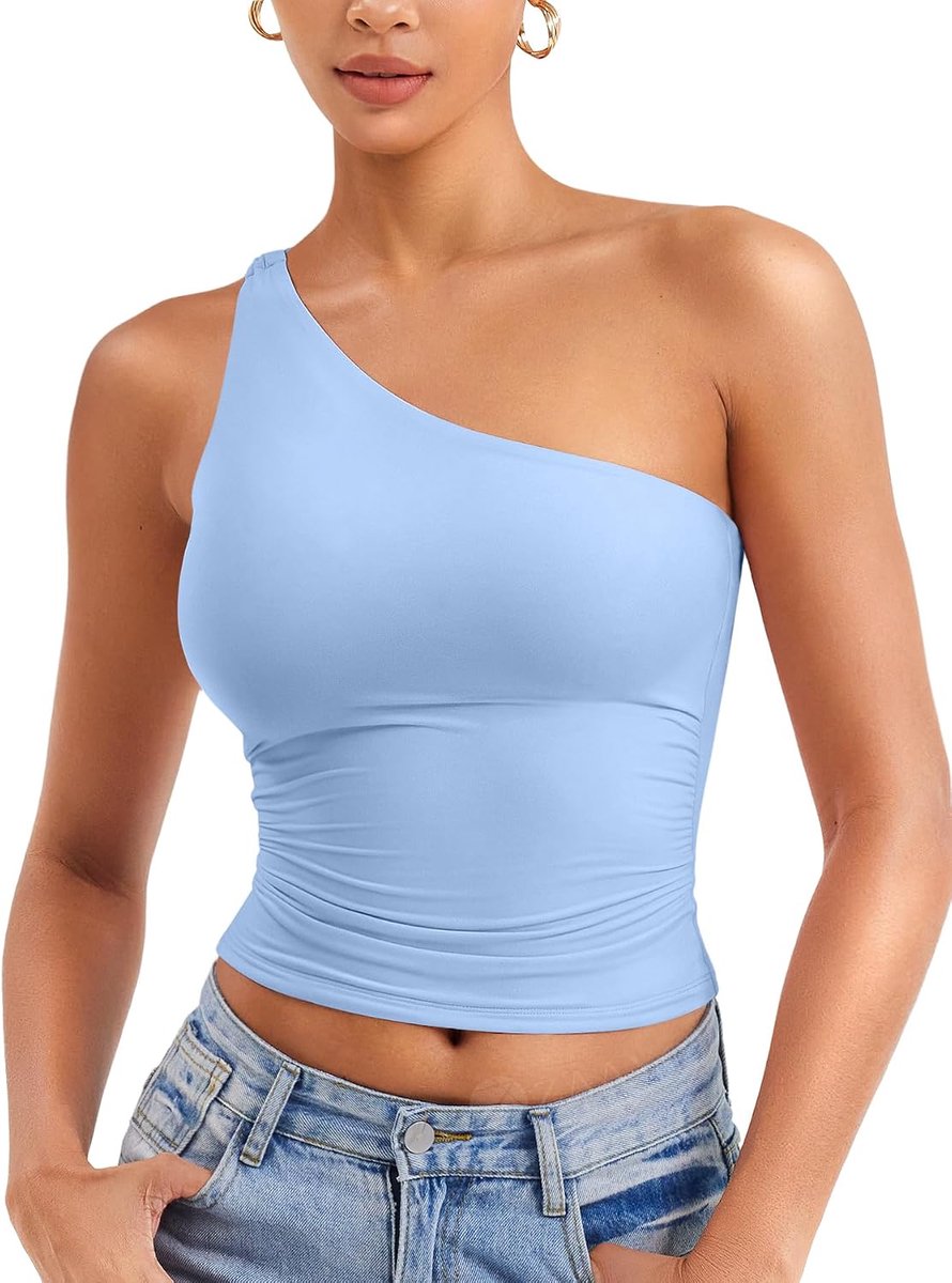 Dames One Shoulder Tank Tops Schoudervrij Bovendeel Y2K Slim Fit Crop Top Sexy Zomer Tops Double Lined Mouwloos Cropped Tee Shirt