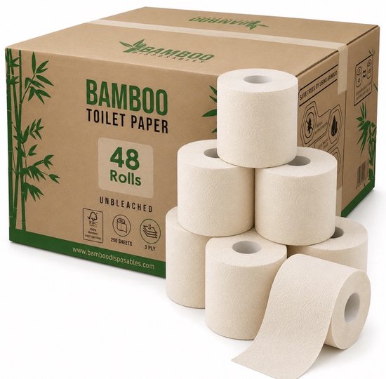 Voordeelverpakking van Bamboo Disposables: 48 rollen ongebleekt 3-laags bamboe toiletpapier.