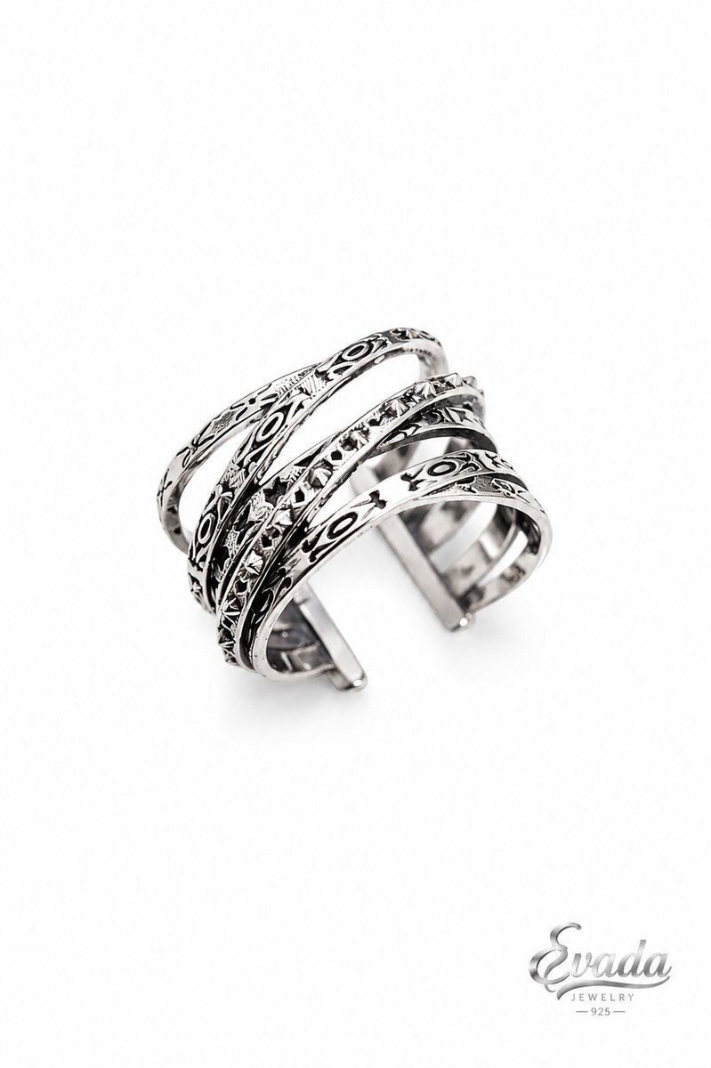 925 Sterling Zilver Ring – Verstelbare Vintage Ring – Geoxideerd Gelaagd Design – Dames EVADA Jewelry