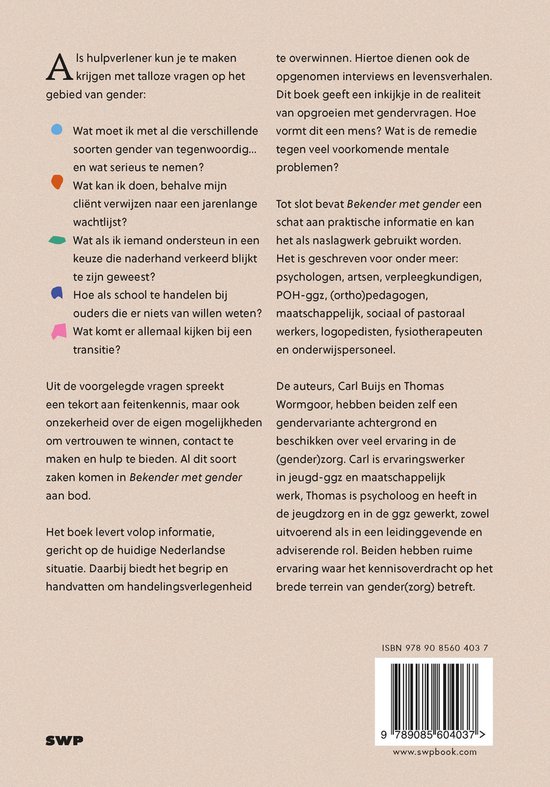 Achterkant van het boek 'Bekender met gender' met ISBN en tekst.