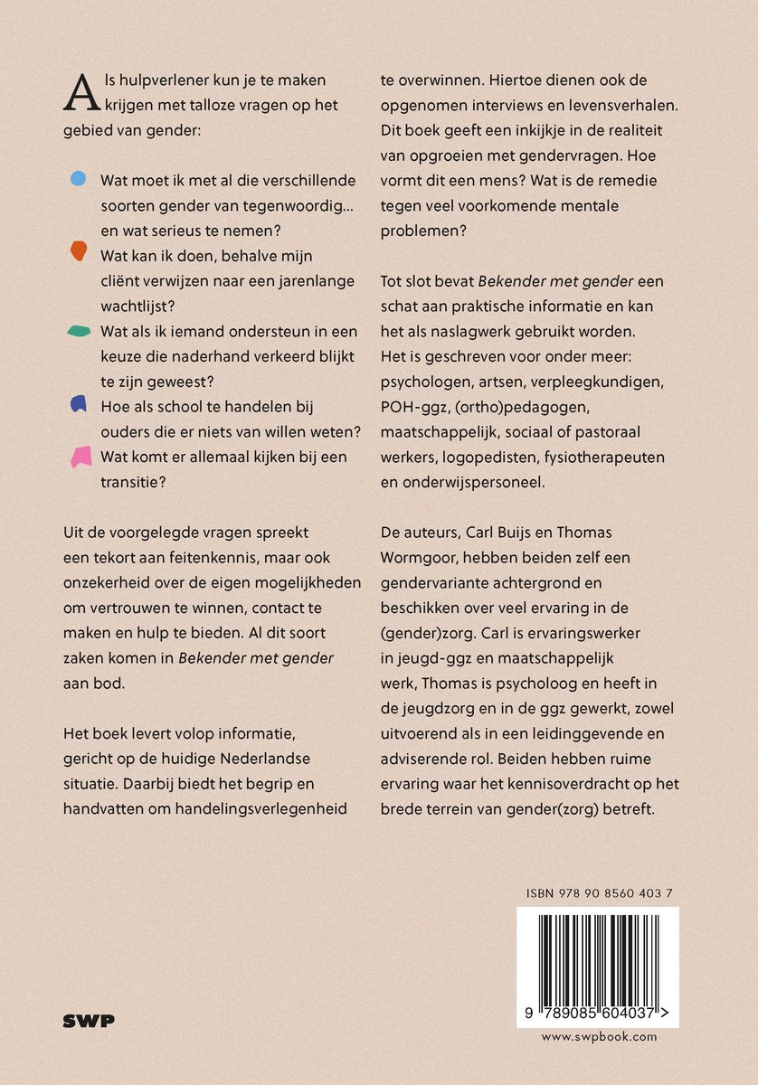Achterkant van het boek 'Bekender met gender' met ISBN en tekst.