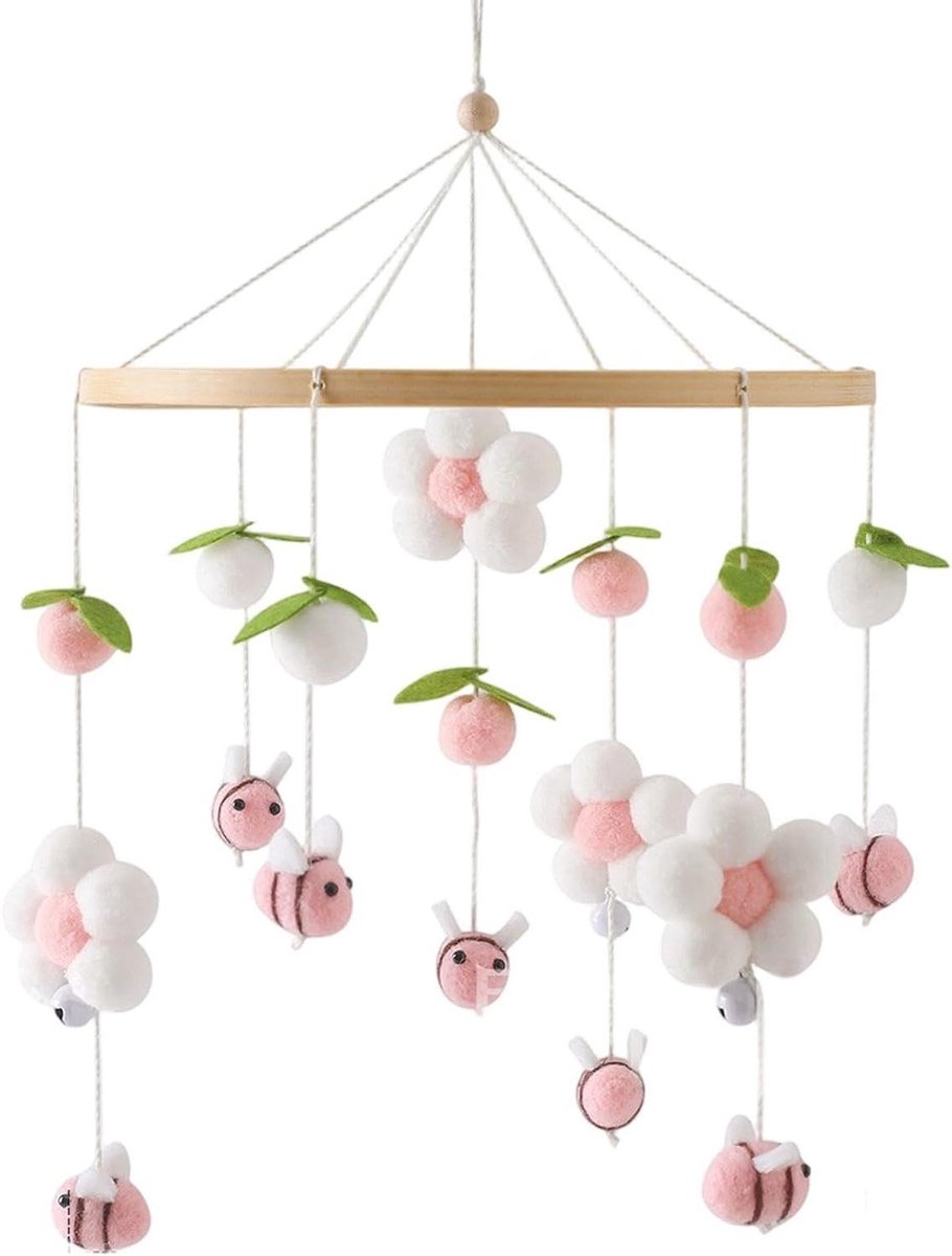 Ledikant Mobiel - Houten Decoratie - Babykamer Aankleden - Met Pompons Bloemen - 25 x 233 cm - Roze