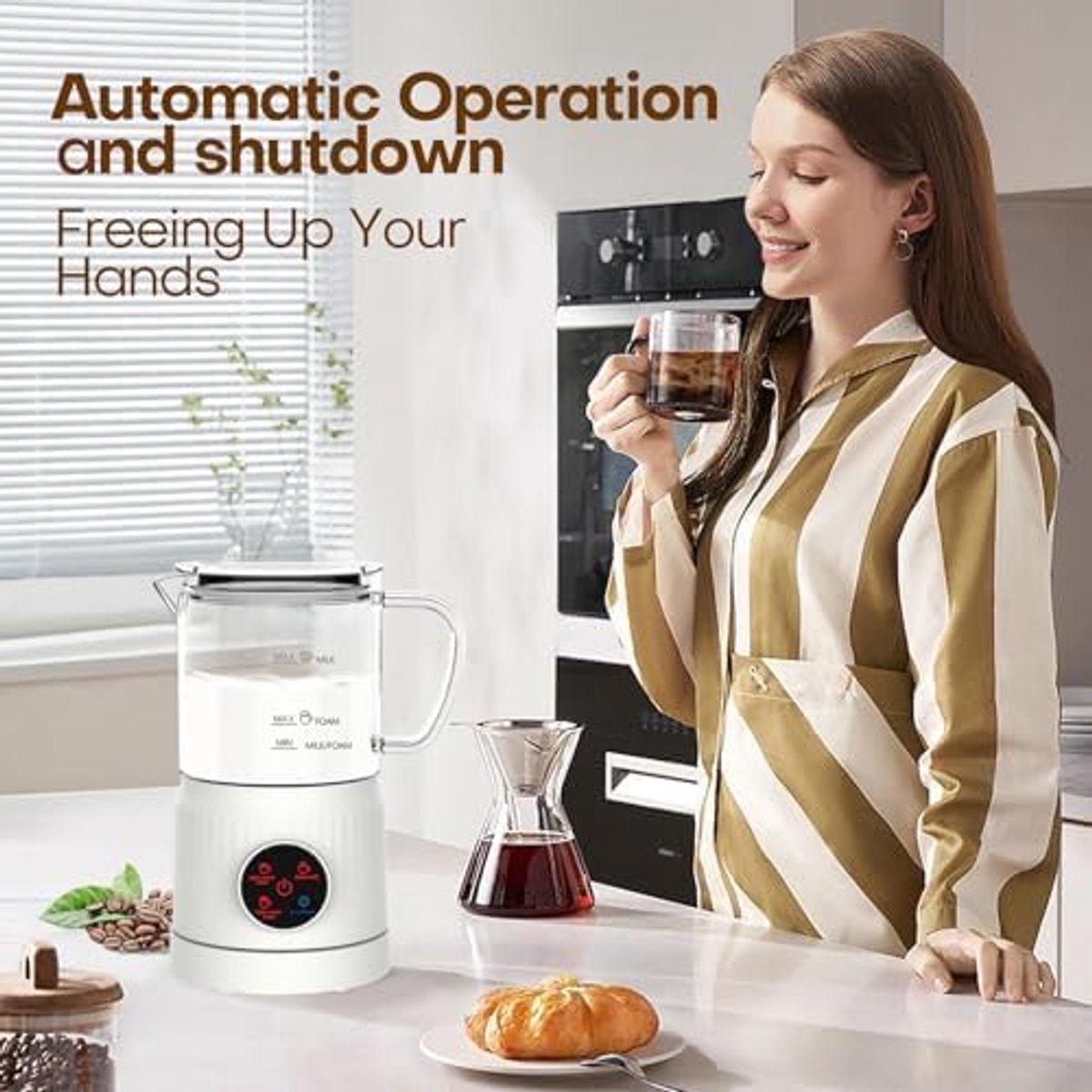 Elektrische Melkopschuimer 4-in-1 - Automatische Melkverwarmer - Koffie Schuimer voor Latte Cappuccino Macchiato - Warme en Koude Melkschuim Maker - Glazen Beker - Wit — cadeau in Kookcadeaus - foto 4