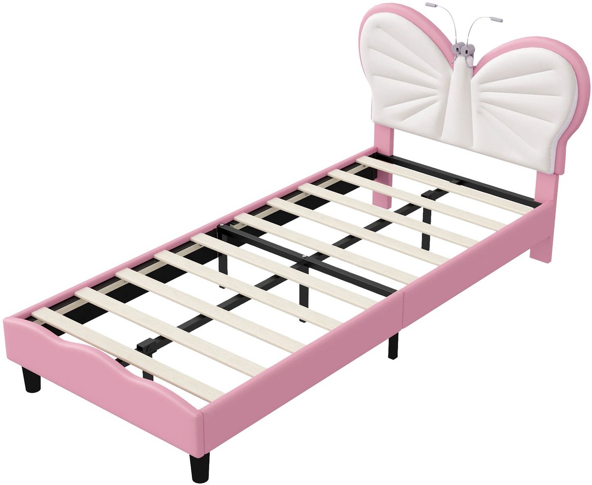 Happiq Gestoffeerd Bed 200x90 cm Wit – Bedframe met Lattenbodem en Vlinderhoofdbord - Roze