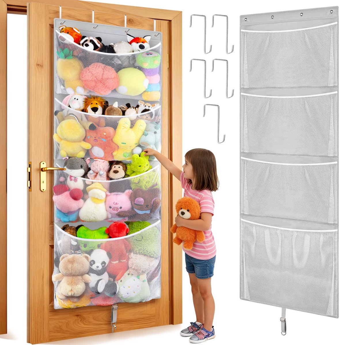 SnelShoppen - Opknoping Gevulde Dieren Opslag, Over de Deur Pluche Speelgoed Organisator met Metalen Haak, Baby Accessoire Houder voor Kinderkamer, Po