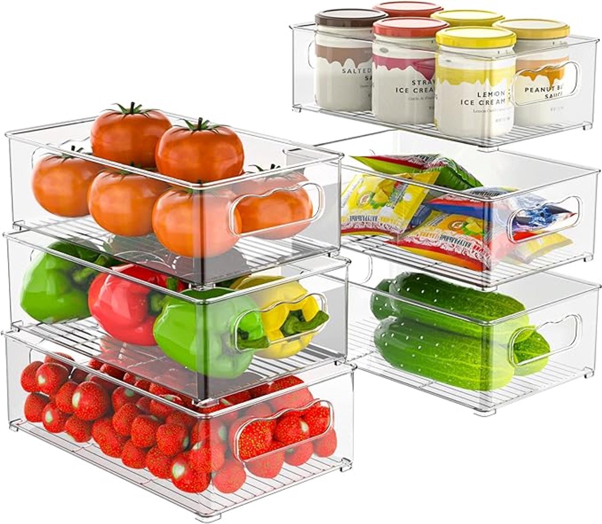 Koelkast Organizer Set Van 6 - Transparante Opbergboxen Voor Koelkast, Vriezer En Keuken - BPA-Vrije Organizer Voor Lade, Kast En Voorraadkast - Ruimtebesparende Bewaardozen
