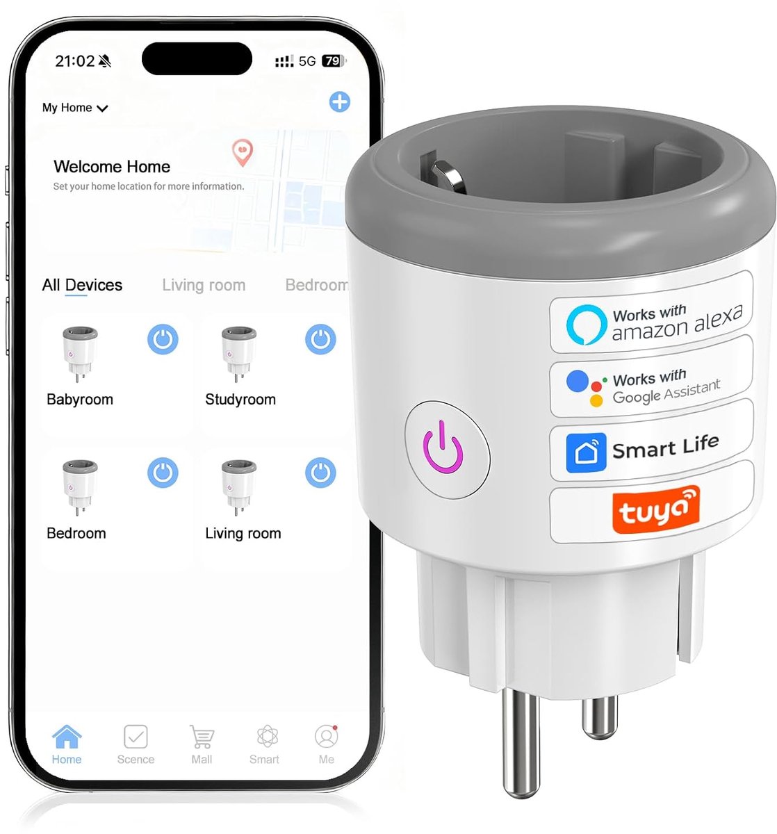 SnelShoppen - Wifi-stopcontact 16 A, Slimme Home Wifi-stopcontacten, Spraakbesturing via Alexa, Afstandsbediening, WLAN en Bluetooth, Smart Plug Wit-G