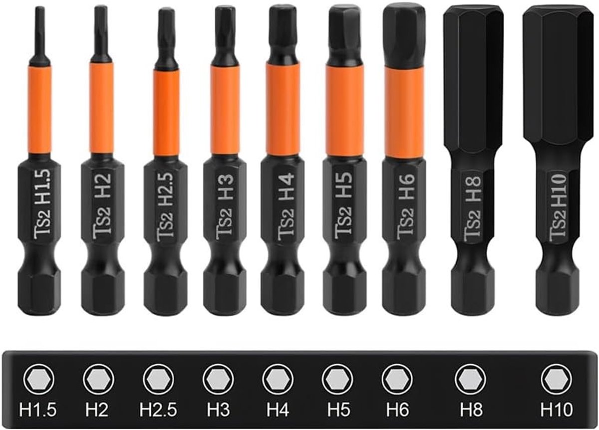 Complete Set van 9 Stuks 50mm Hex Schroevendraaier Bits met 1/4 Inch Hex Shank, S2 Staal, Magnetisch en Geschikt voor Diverse Klussen (H1.5-H10)