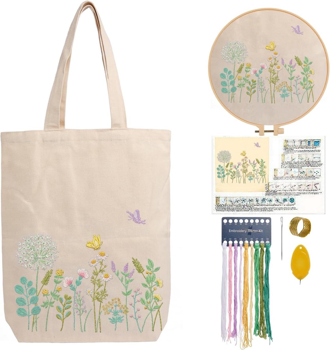 Embroidery Kit voor Beginners - Canvas Tote Bag Borduurset met Kleurdraden en Gereedschap voor Volwassenen, Inclusief Stapsgewijze Instructies en Creatieve DIY Projecten