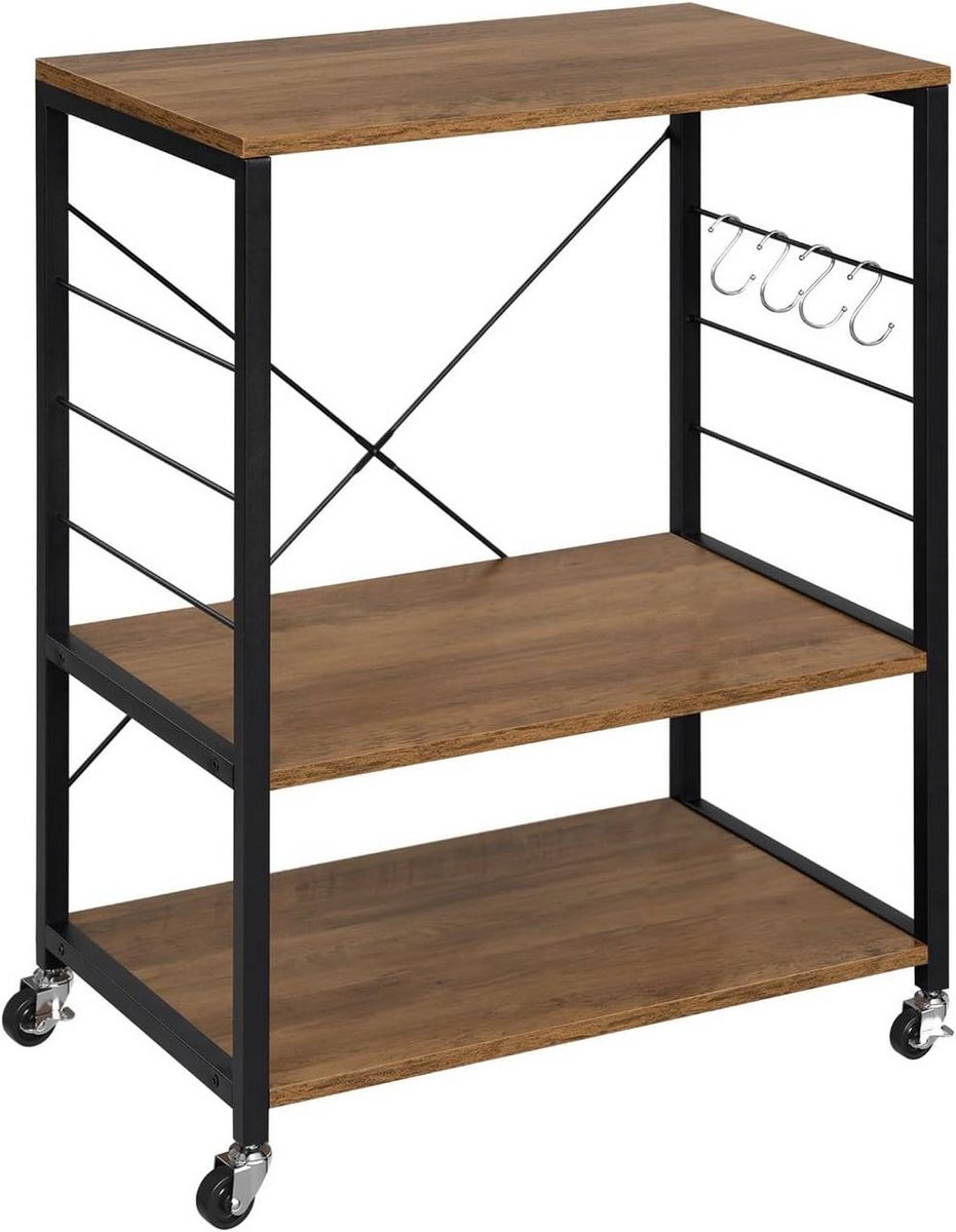 SureDeal® - Keukenrek - Wielen - Planken - Haken - Metalen - 60x40x82,5 cm - Rustiek bruin