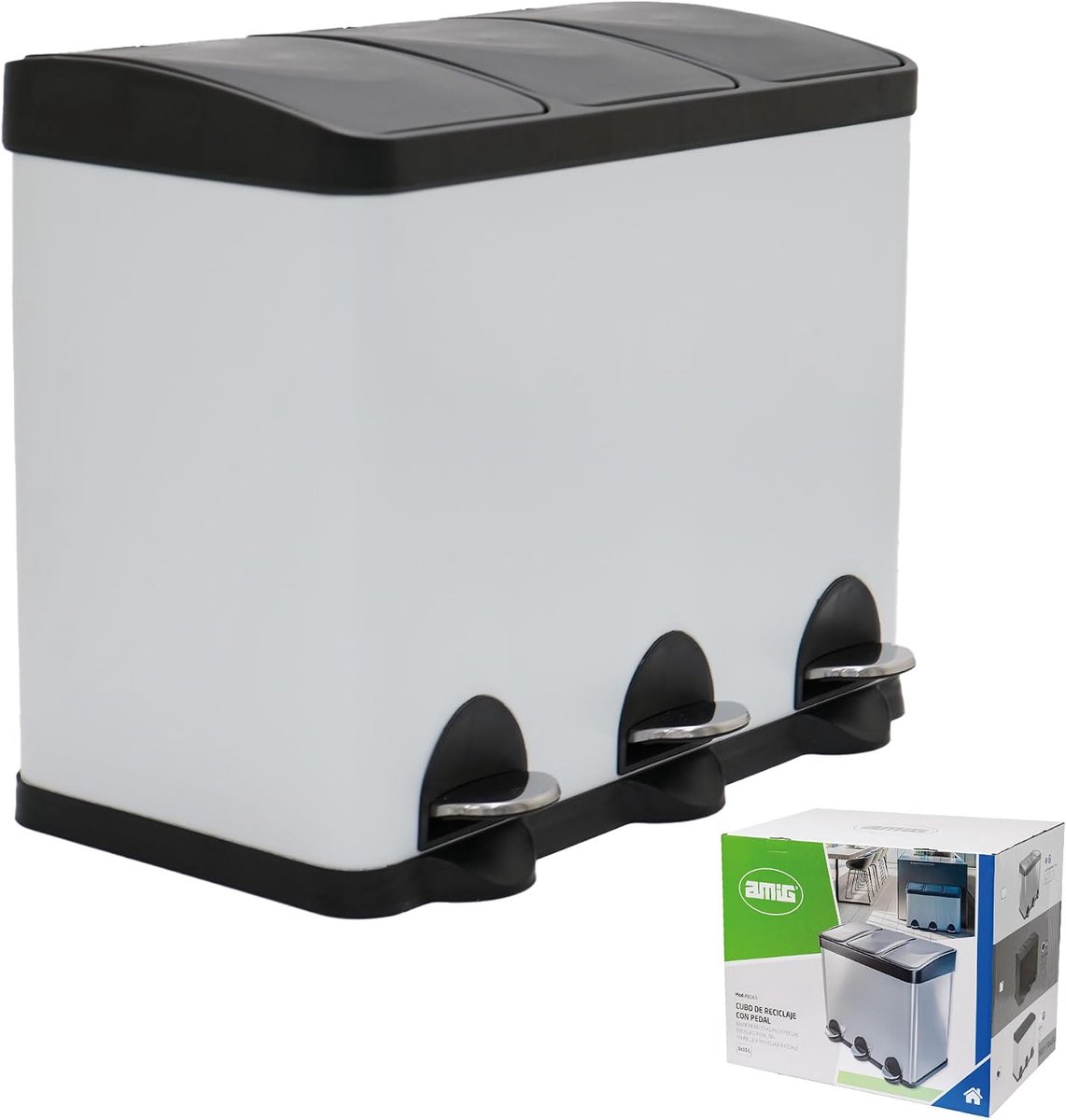 SnelShoppen - Drievoudige Pedaalemmer 45 Liter - 3 Uitneembare Compartimenten van 15 Liter - Stalen Keukenafvalbak - Wit - 60 x 37 x 49 cm - Duurzaam