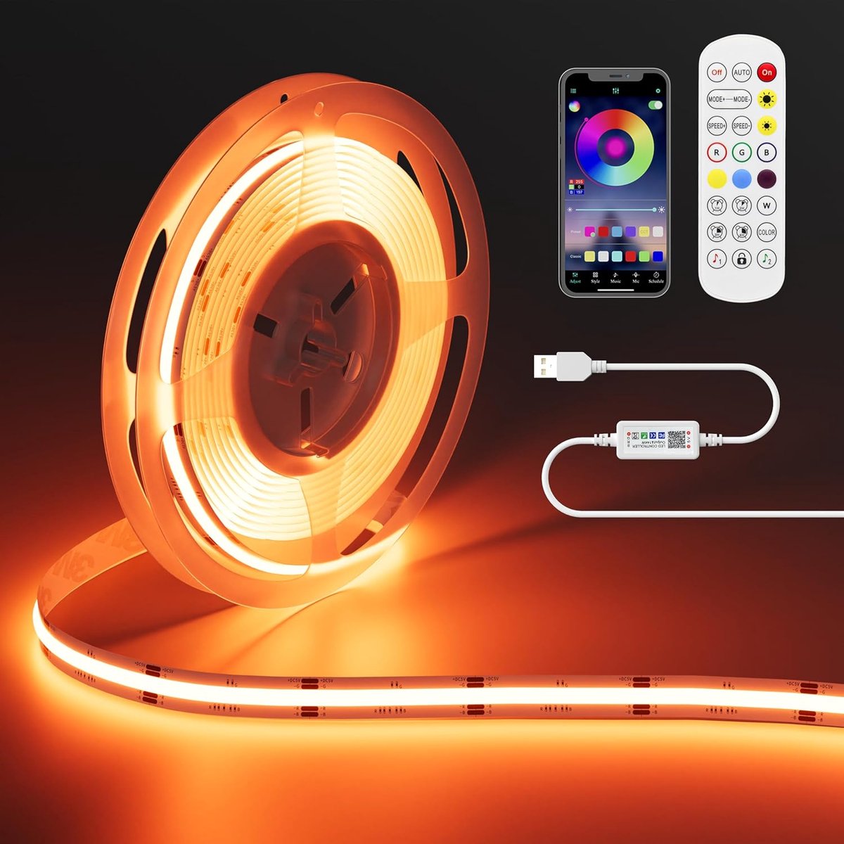 SnelShoppen - OULARA RGB COB LEDstrip 2m met Bluetooth Smart APP controller, kleurveranderende flexibele USB LED strips voor tv, slaapkamer, feest, do