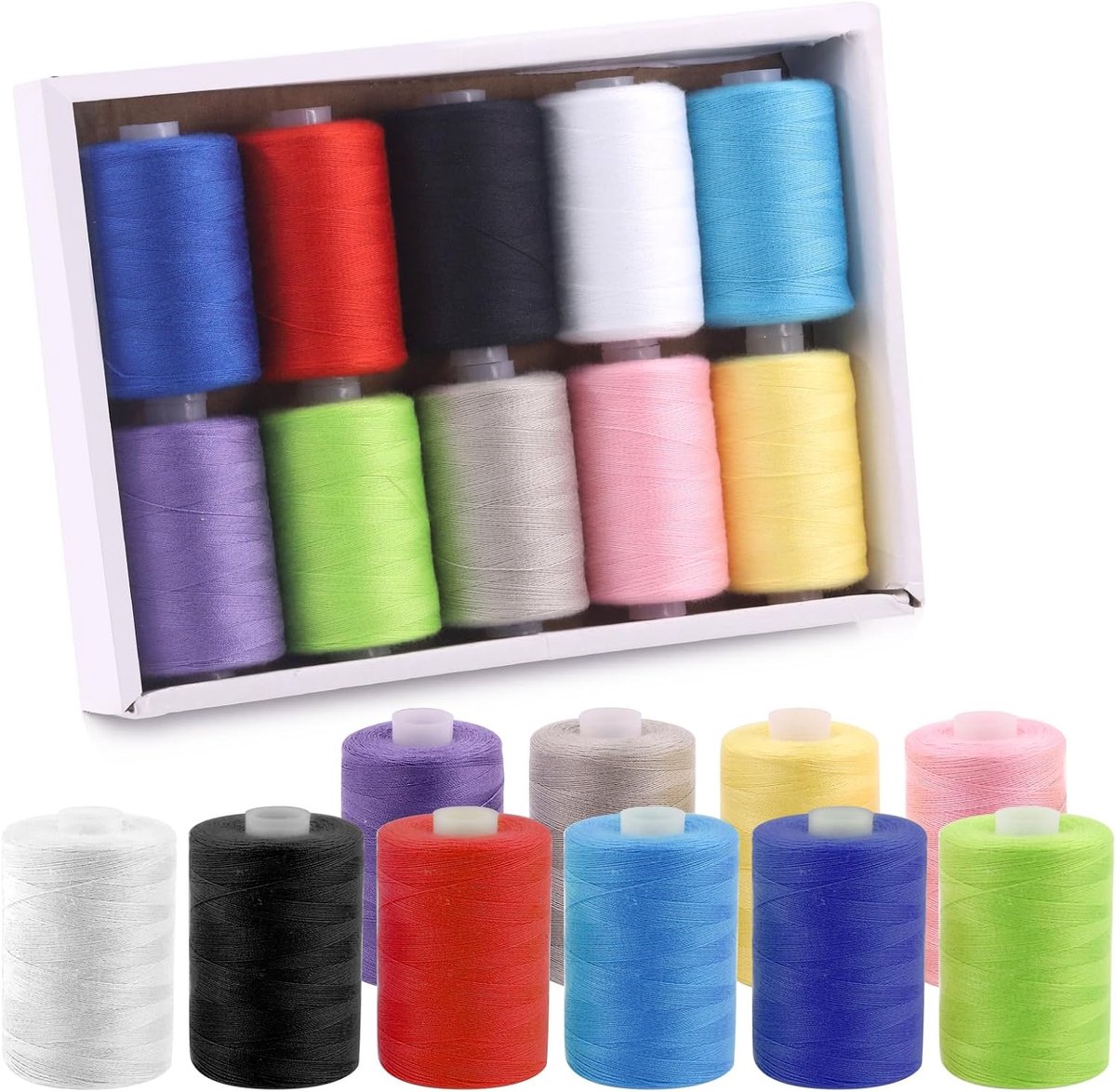 10St 1000 Meter Regenboog Kleuren Alledaagse Garen met Naainaalden Kit, Handige Polyester Naaigaren Borduurdraad, Handnaainaald Draad Draaiers Set voor Hobbynaaister - 10 Kleuren