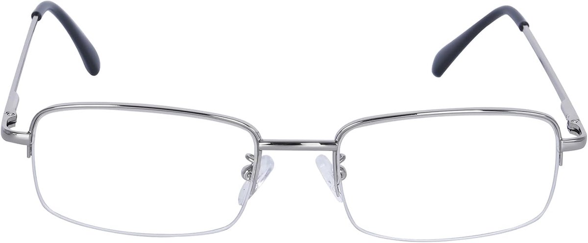 Leesbril voor heren, half montuur, rechthoekig metalen frame, heldere lens + brilband