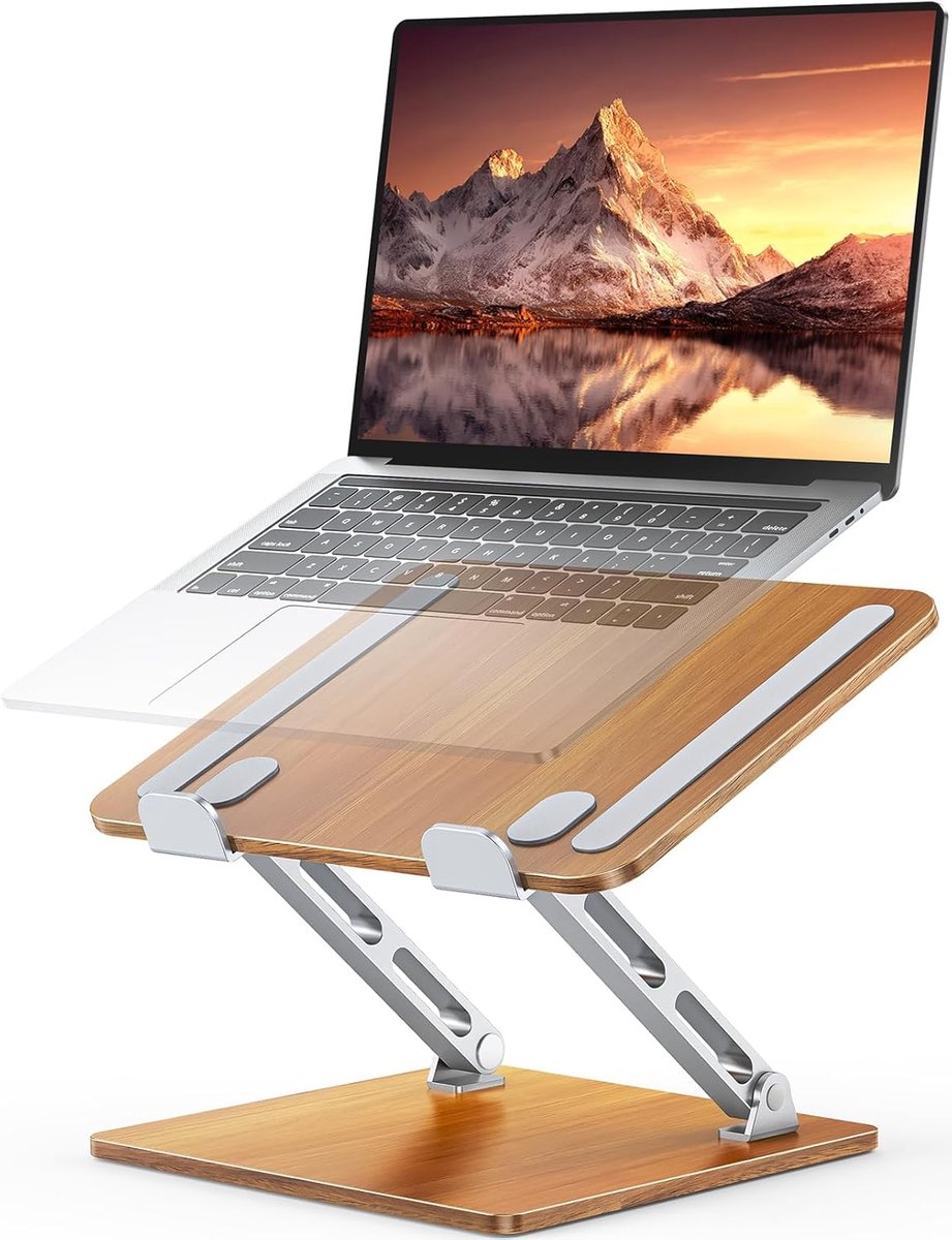 Ergonomische laptopstandaard voor bureau, computerstandaard met verstelbare hoek, opvouwbare laptopstandaard met dubbele stang, compatibel met MacBook, HP 10-16" (Royal Teak Grain)