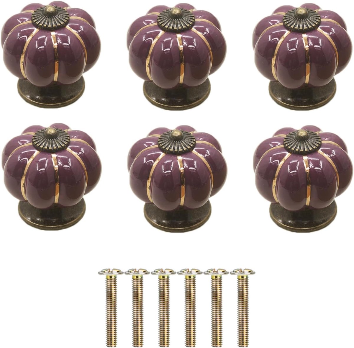 6 keramische knoppen in pompoenvorm, porseleinen knoppen voor meubels, ronde handgrepen voor vintage kast met schroeven voor huis, kantoor, keukenkast, laden en kasten 4 x 4 x 4 cm (paars)