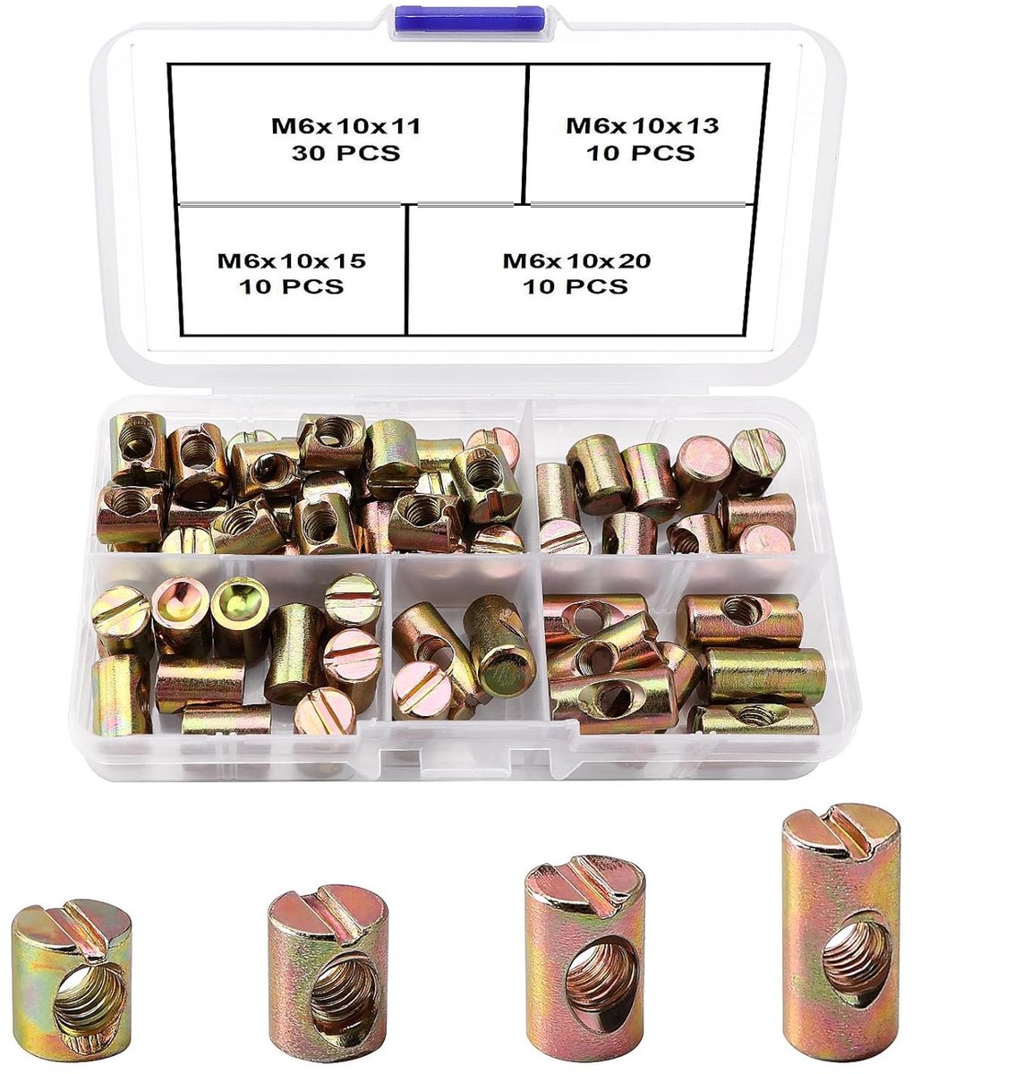 60 Stuks M6 x 11/13/15/20 mm Deuvels Sleufmoeren, Symmetrische Meubelmoer, voor Meubels Bedden en Kinderstoelen, Geel