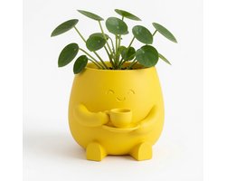 3D Print Plantenpot met Kopje Koffie – Schattige Bloempot met Gezicht – Decoratieve Bloempot voor Kamerplanten & Vetplanten – Geel – 8,3 cm