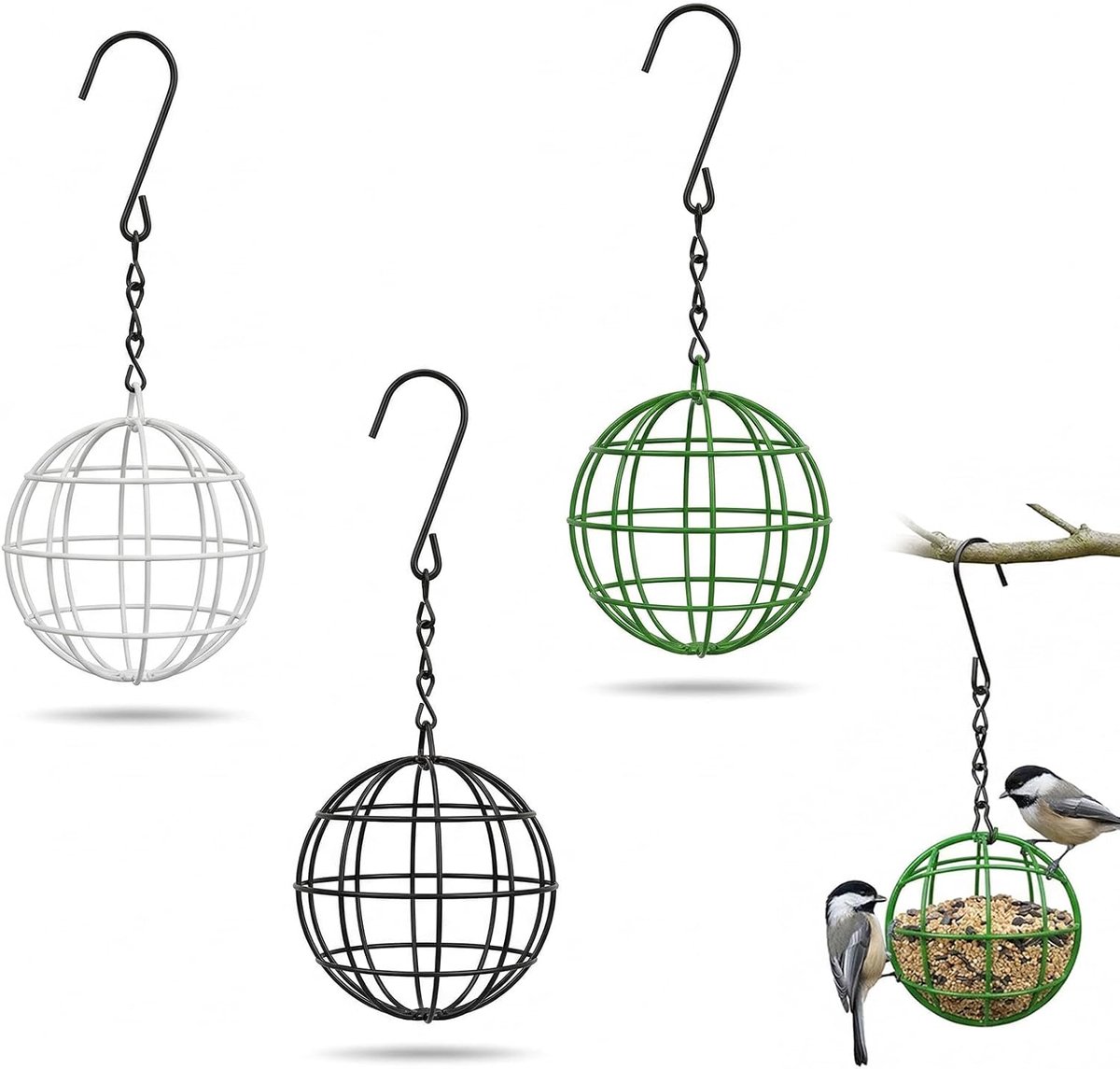 3 stuks mezenbolhouders, mezenbollenhouder, vogelvoederstation van metaal met S-haken, vogelvoederdispenser om op te hangen, voederdispenser voor wilde vogels in de tuin, mussen, zwart