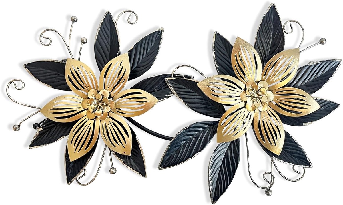 Zwart goud metalen bloemen muurdecoratie, 15 inch 3D meerlaagse moderne bloemenkunst, rustiek noodlijdend hangend decor voor binnen, slaapkamer woonkamer tuin terras, woondecoratie