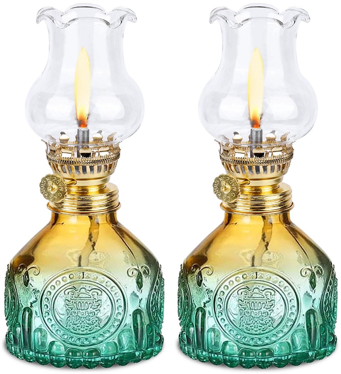 SnelShoppen - Set van 2 vintage glazen petroleumlampen - Verstelbare olielampen voor woonkamer en eetkamer - Decoratieve verlichting voor sfeervolle a