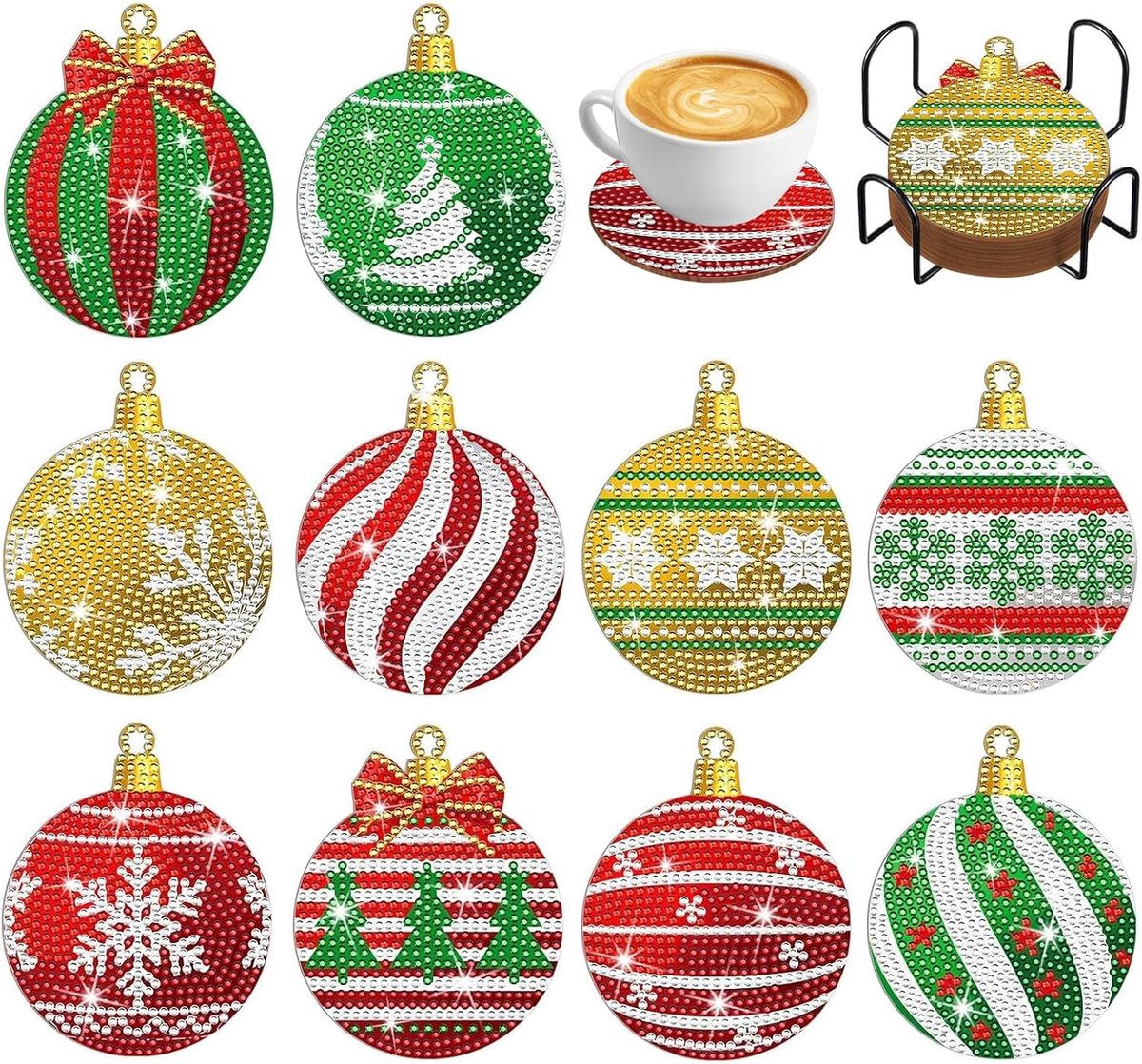 Diamond Painting Onderzetters 10-Stuks - 5D Mini Set Met Houder voor Kopjes, Wijnglazen, Vazen - Kerstmis