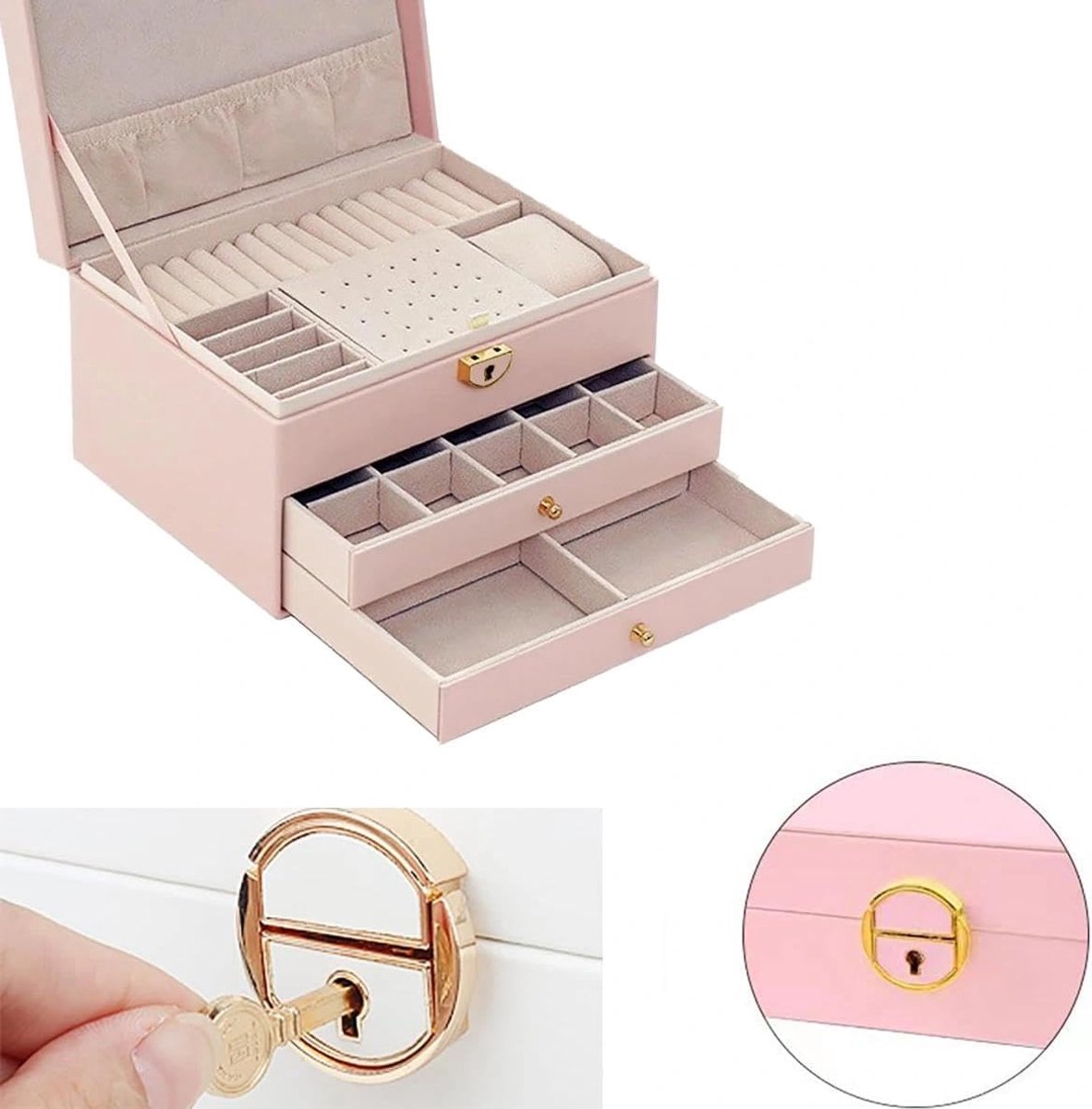 SnelShoppen - Stapelbare Sieradendoos voor Meisjes met 3 Lagen, Roze Sieradendoosje met Slot, Sleutel en 2 Lades voor Ringen, Armbanden, Oorbellen en