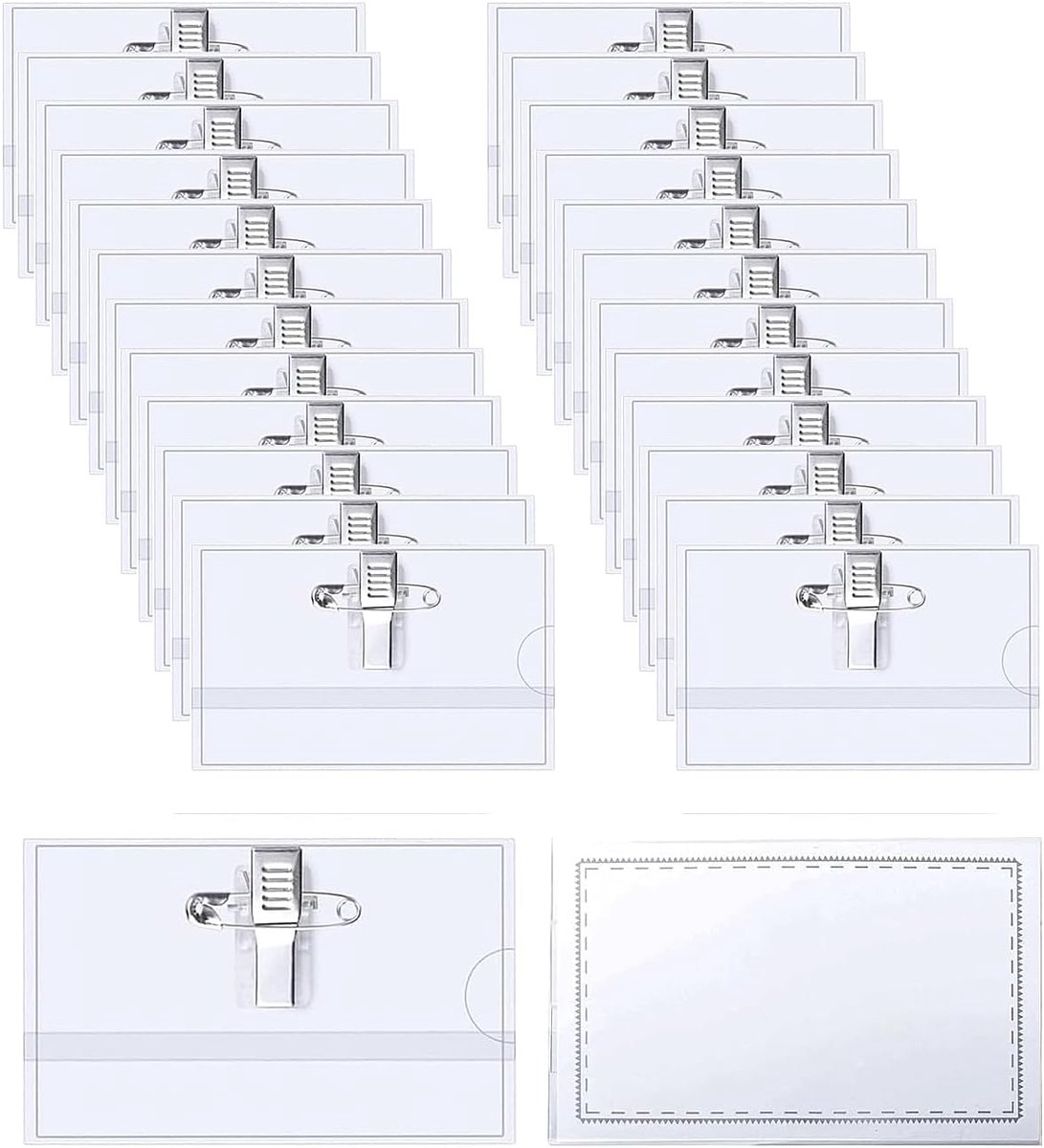 Naambordjes voor kleding, 24 stuks, 90 x 56 mm, transparant, naamplaatje, ID-kaarthouder, pvc, naamplaatje met clip en speld voor school, bedrijven, conferenties, reizen (24)