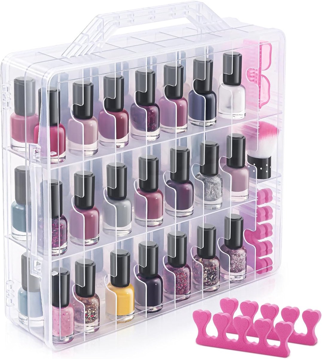Draagbare nagellak transparante organizer voor 48 flessen, dubbelzijdige en vergrendelende deksels, gelpolish opberghouder, ruimtebesparend met 8 verstelbare verdelers