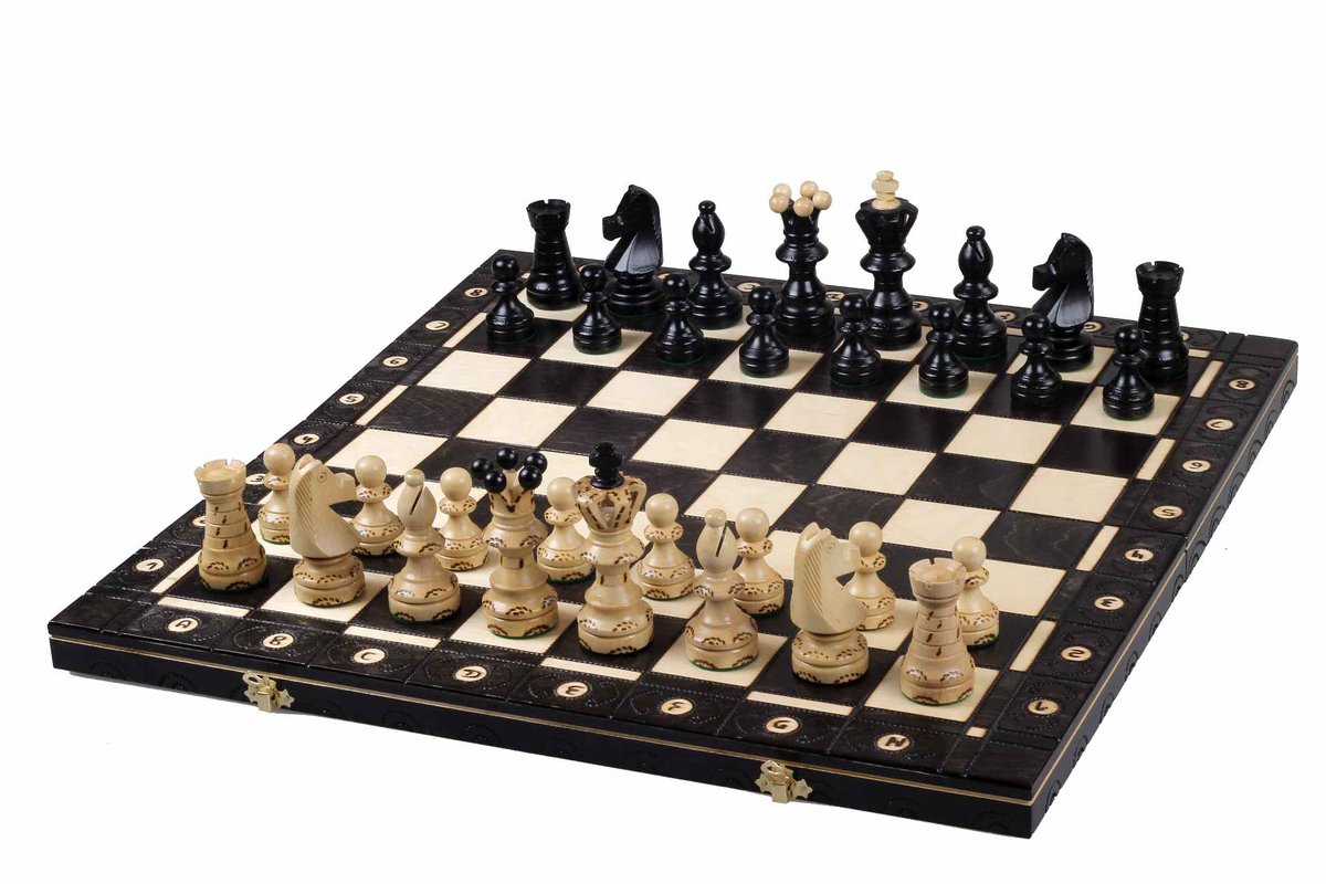 Ambassador Luxe Schaakset Hout - Groot Schaakbord 55 cm - Handgesneden & Gebrande Details - Opklapbaar