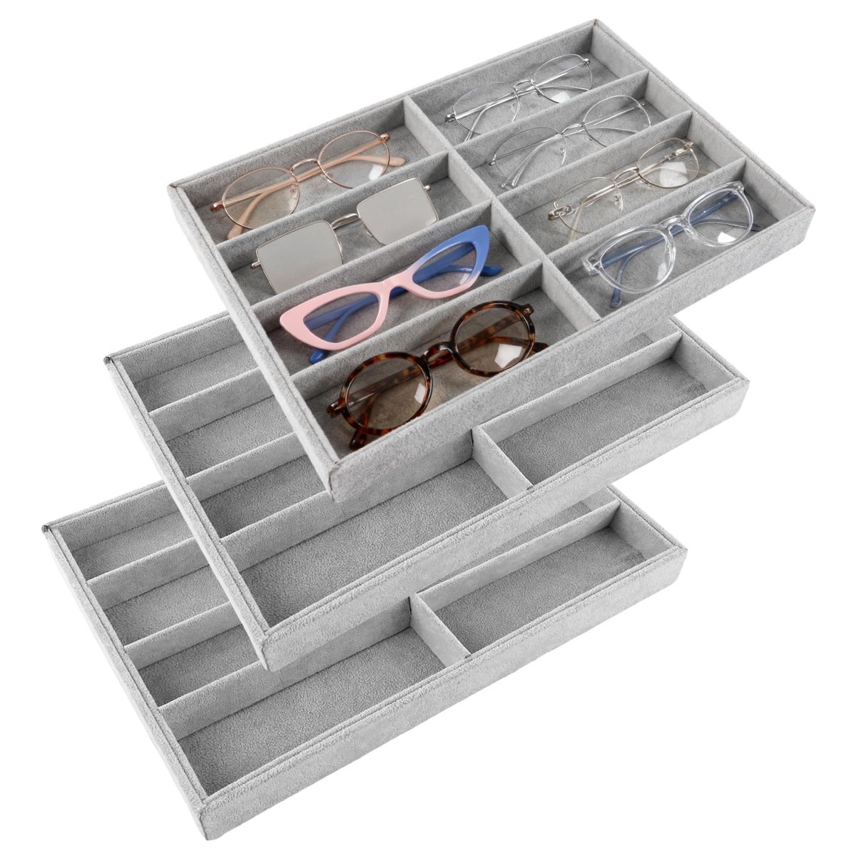 SnelShoppen - Set van 3 brillenstandaard met 8 vakken, zachte fluwelen brillenhouder, organizer voor zonnebril, lade en commode, lichtgrijs, 35 x 24 x
