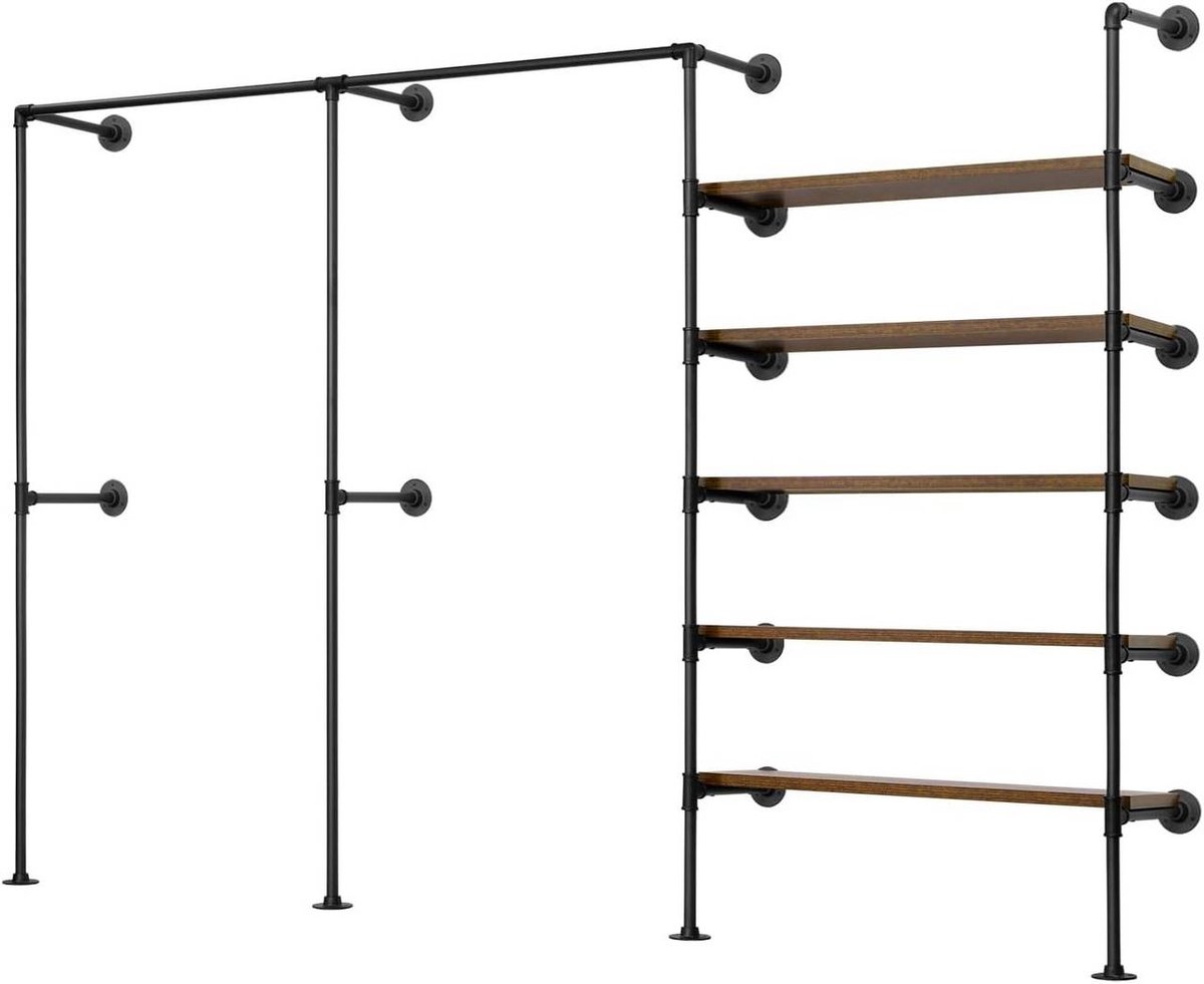 SureDeal® - Kledingstang - Wandmontage - Kledingrek - Legplanken - Zwart - Vintage bruin - 283x33,5x186 cm