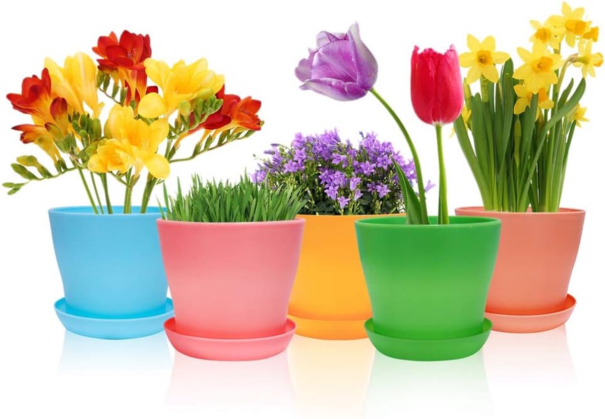 4 inch plastic plantenbakken, Happybase bloempotten voor binnen, set van 8 moderne decoratieve tuincontainers voor alle kamerplanten, kruiden, gebladerte planten en zaaiende kwekerij