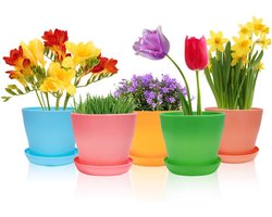 4 inch plastic plantenbakken, Happybase bloempotten voor binnen, set van 8 moderne decoratieve tuincontainers voor alle kamerplanten, kruiden, gebladerte planten en zaaiende kwekerij