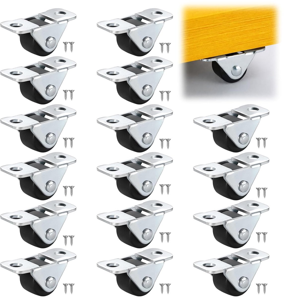 16 stuks meubelwielen, klein rubber, 1,2 cm bokwielen met stalen bovenplaat, sporen, stille rollen klein voor kleine apparaten, meubels, doe-het-zelfprojecten