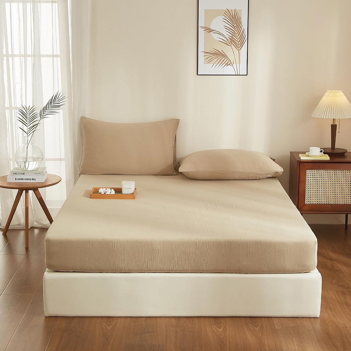 Muslin hoeslaken, 200 x 200 cm, 100% katoen, kaki mulin laken, 200 x 200 cm, katoen, zacht, ademend, behaaglijk hoeslaken, boxspringbed, geschikt voor matrassen van 30 cm