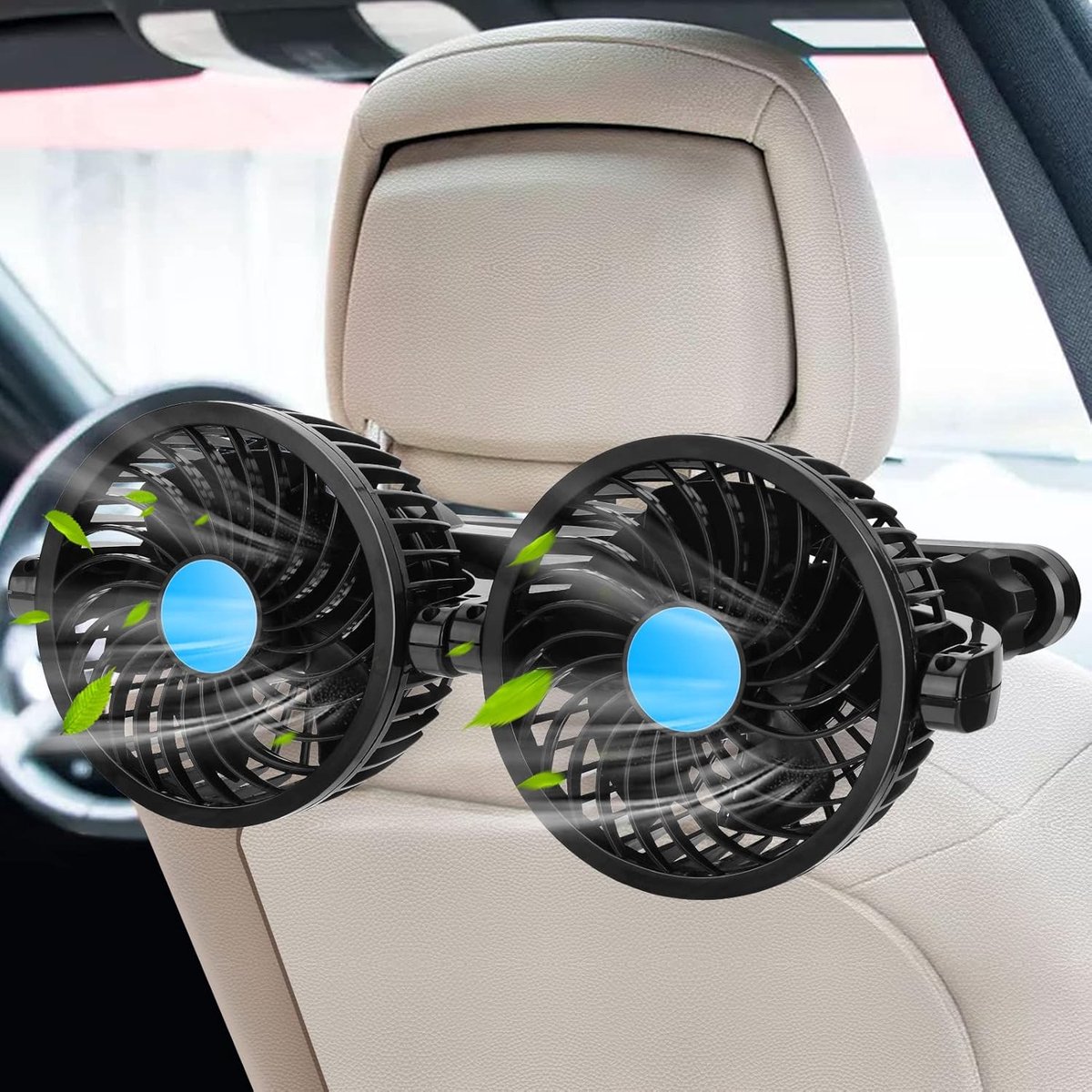 Autoventilator, autoventilator, 12 V, dubbele kop, voertuigventilator, autostoelventilator voor achter, 12 snelheden, stil, 360 graden verstelbaar, 2,3 m kabel