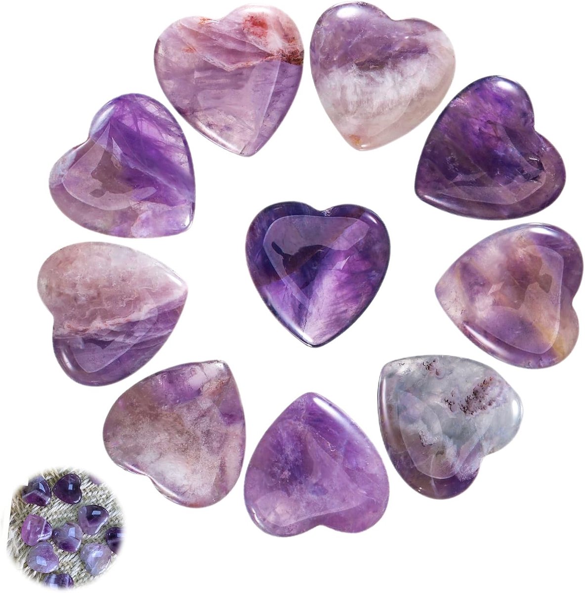hart kristallen Amethyst steen hart Moederdag Amethyst kristallen stenen Liefde genezing kristal edelstenen set Natuurlijke geluksstenen Reiki genezing edelstenen Geschenken voor vrouwen, 10